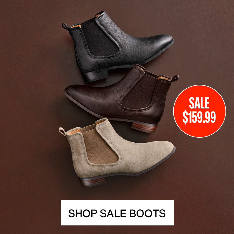 Flatlay of 3 womens boots in the colors black, brown, and taupe. There is a sale price callout of $159.99.